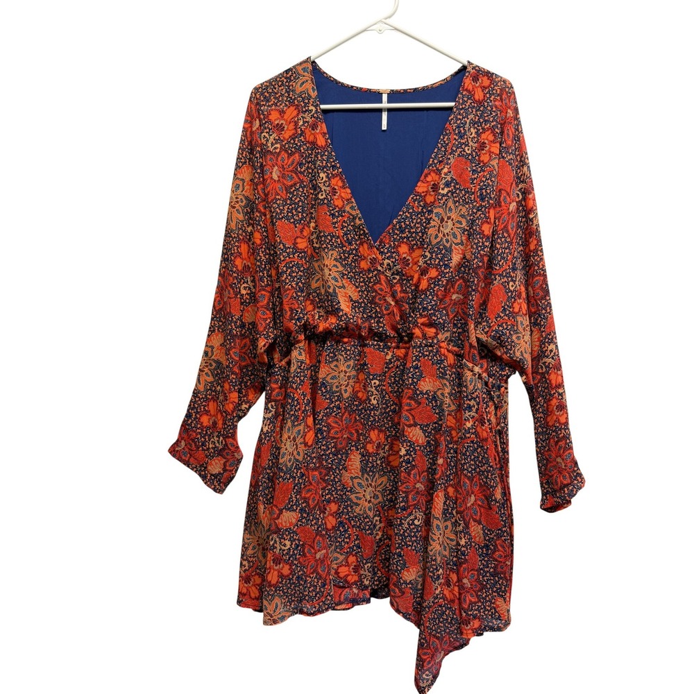 Free People Floral Mini Dress‎ Orange Navy Blue Boho Wrap V-Neck Pockets Size M